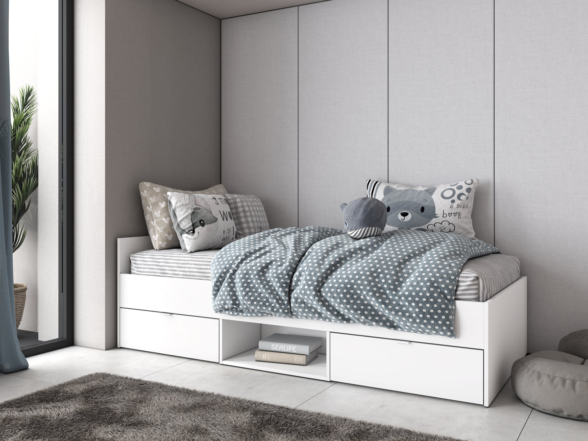Cama Neco 2 cajones y hueco 90 × 190 cm – Blanco Mate