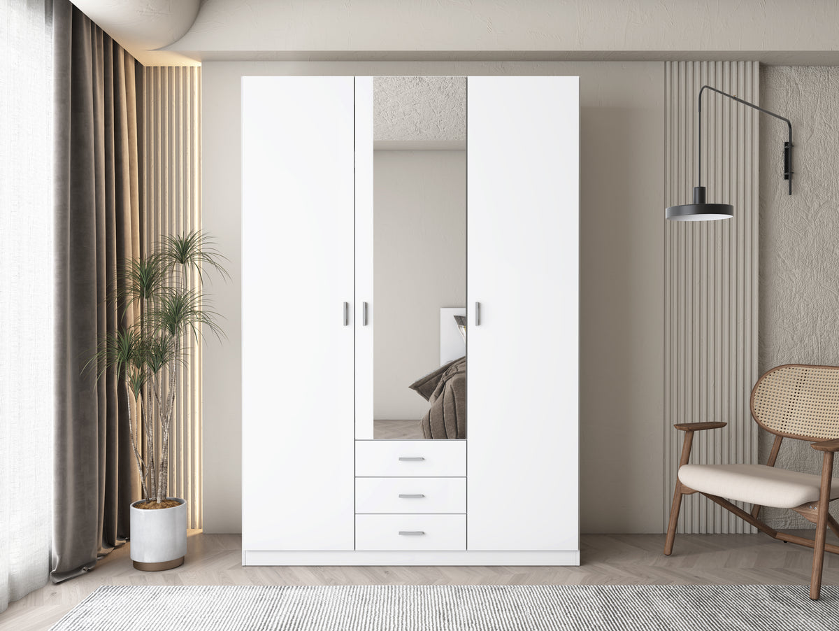 Armario Roma 3 puertas y 3 cajones con espejo 150 cm – Blanco Mate
