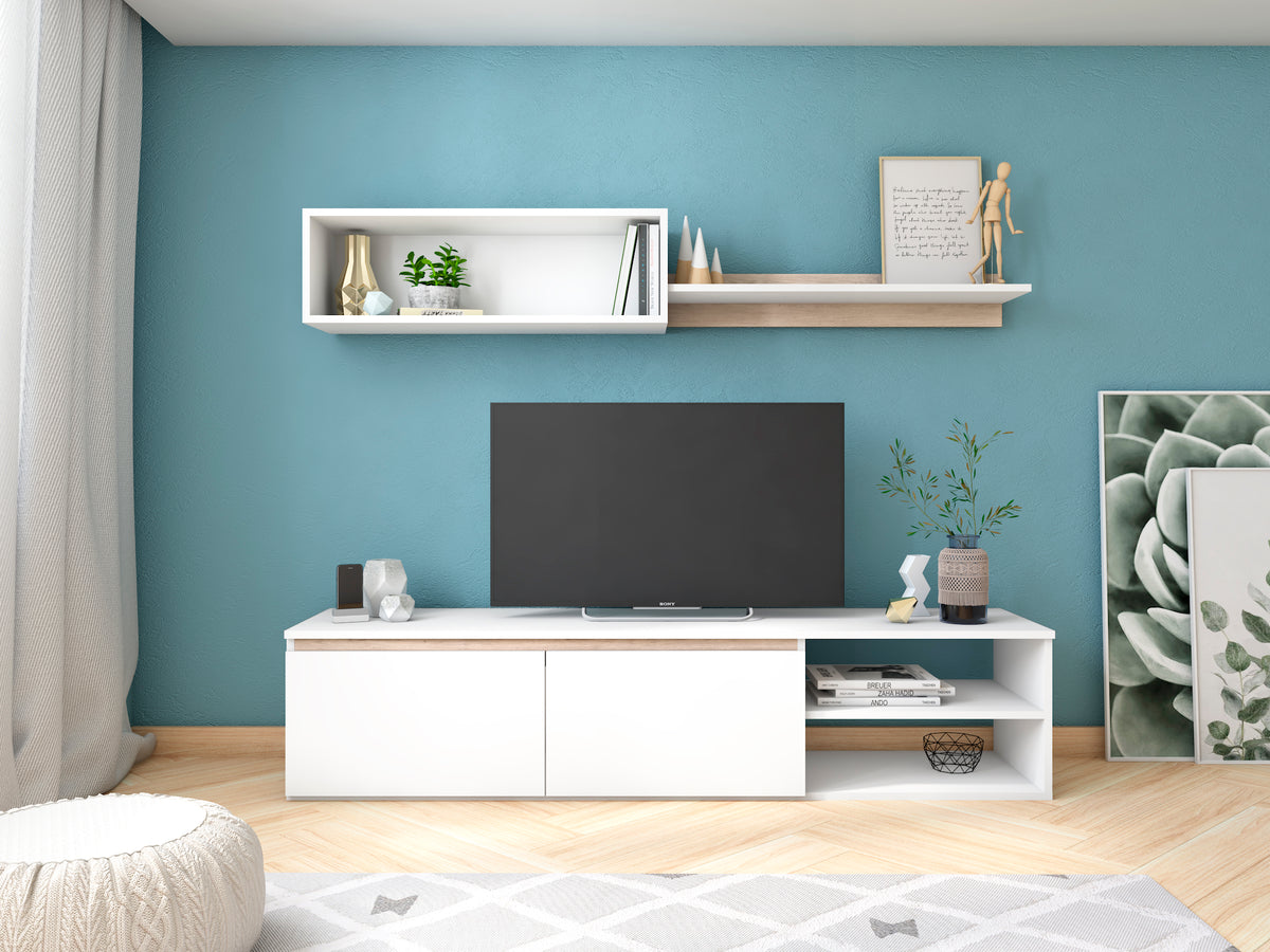 Composición de salón Eco 160 cm – Blanco Mate / Sahara