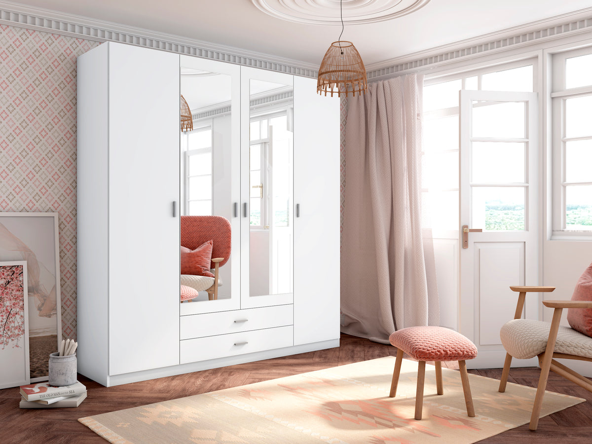 Armario Roma 4 puertas y 2 cajones con espejo 200 cm – Blanco Mate