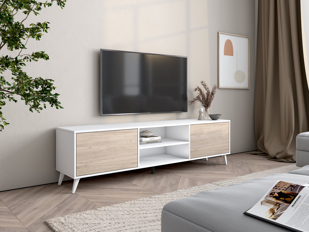 Mueble TV Tito 2 puertas y 2 huecos 180 cm – Blanco Mate y Sahara
