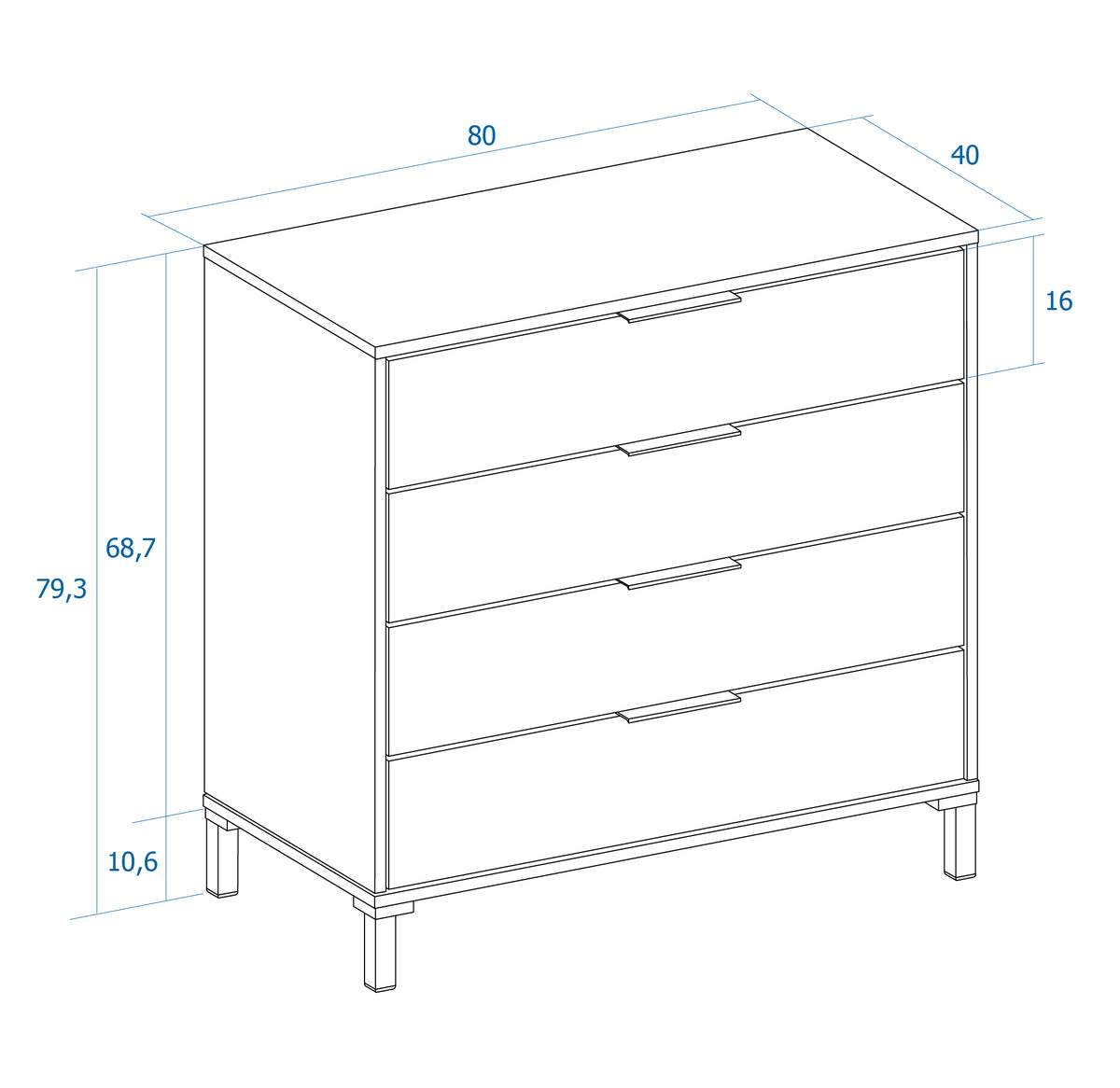 Cómoda Arlés 4 cajones 80 cm – Blanco Mate y Albo Rayado