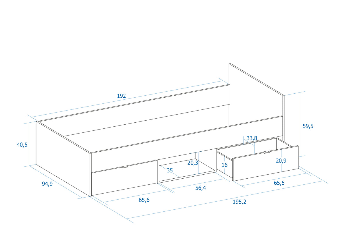 Cama Neco 2 cajones y hueco 90 × 190 cm – Blanco Mate