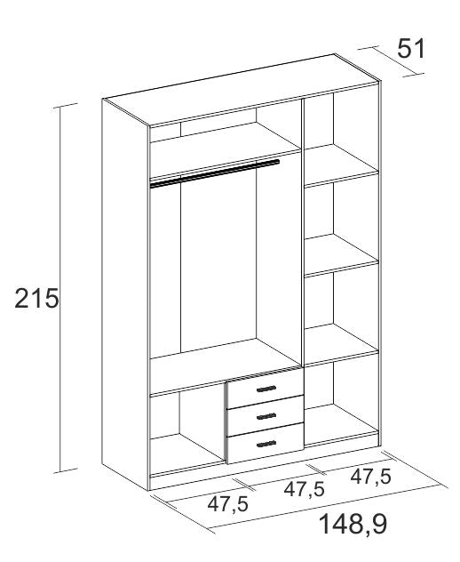 Armario Roma 3 puertas y 3 cajones 150 cm – Blanco Mate