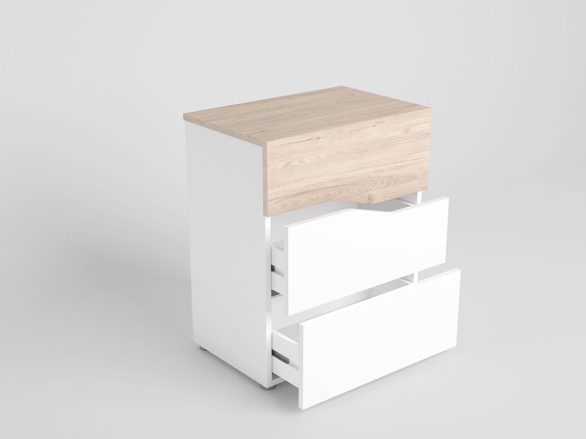 Mesita de noche Cannes 3 cajones 54 cm – Blanco Mate y Sahara