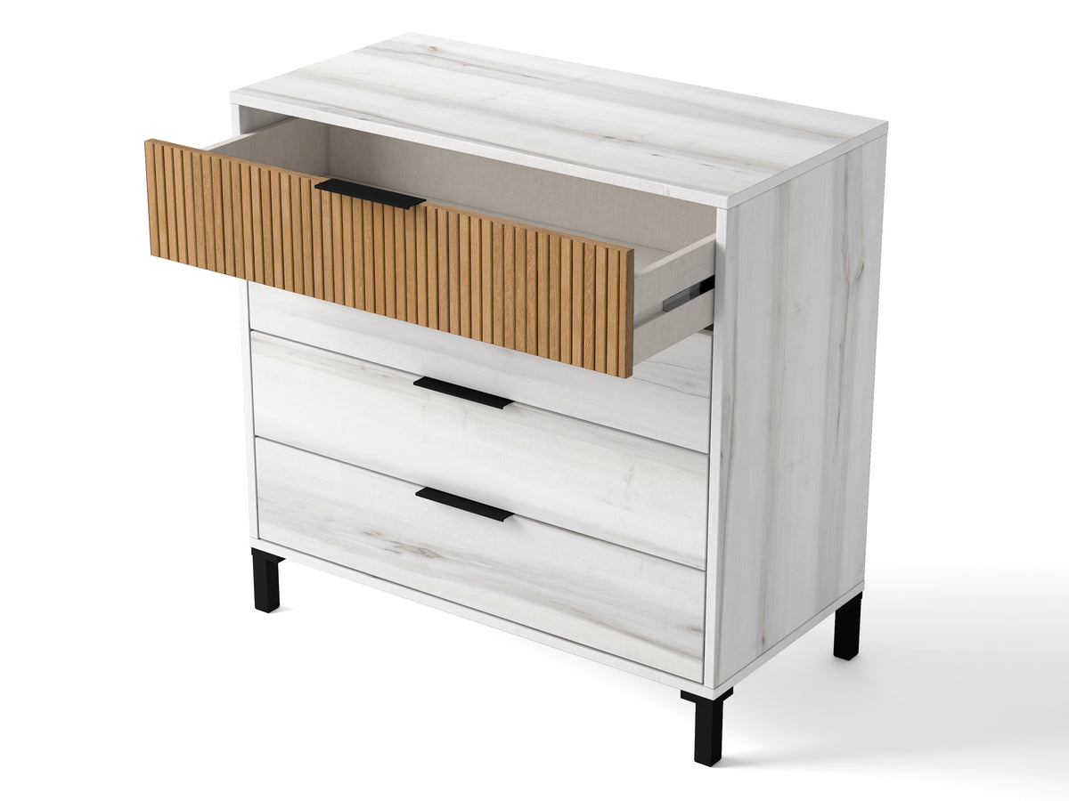 Cómoda Arlés 4 cajones 80 cm – Blanco Mate y Albo Rayado