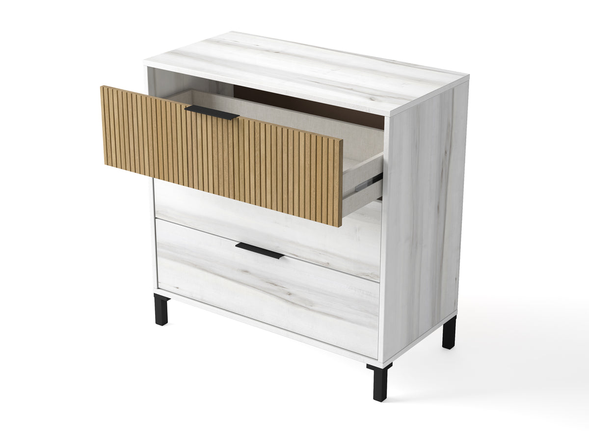 Cómoda Arlés 3 cajones 80 cm – Blanco Mate y Albo Rayado