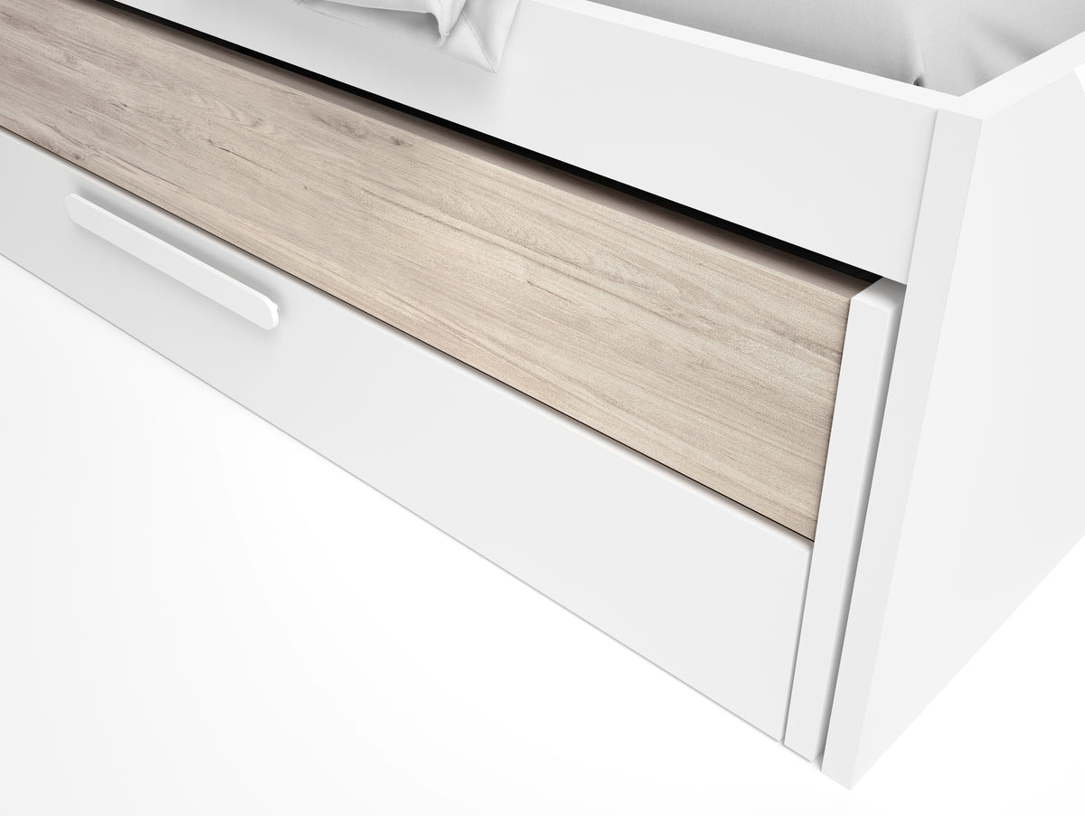 Cama compacta Estelle con cama y cajón 212 cm – Blanco Mate y Sahara