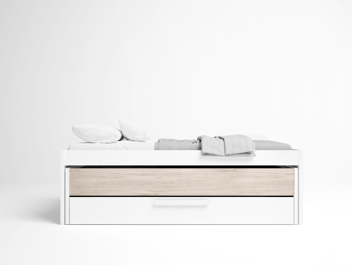 Cama compacta Estelle con cama y cajón 212 cm – Blanco Mate y Sahara