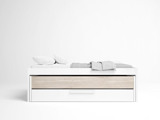 Cama compacta Estelle con cama y cajón 212 cm – Blanco Mate y Sahara