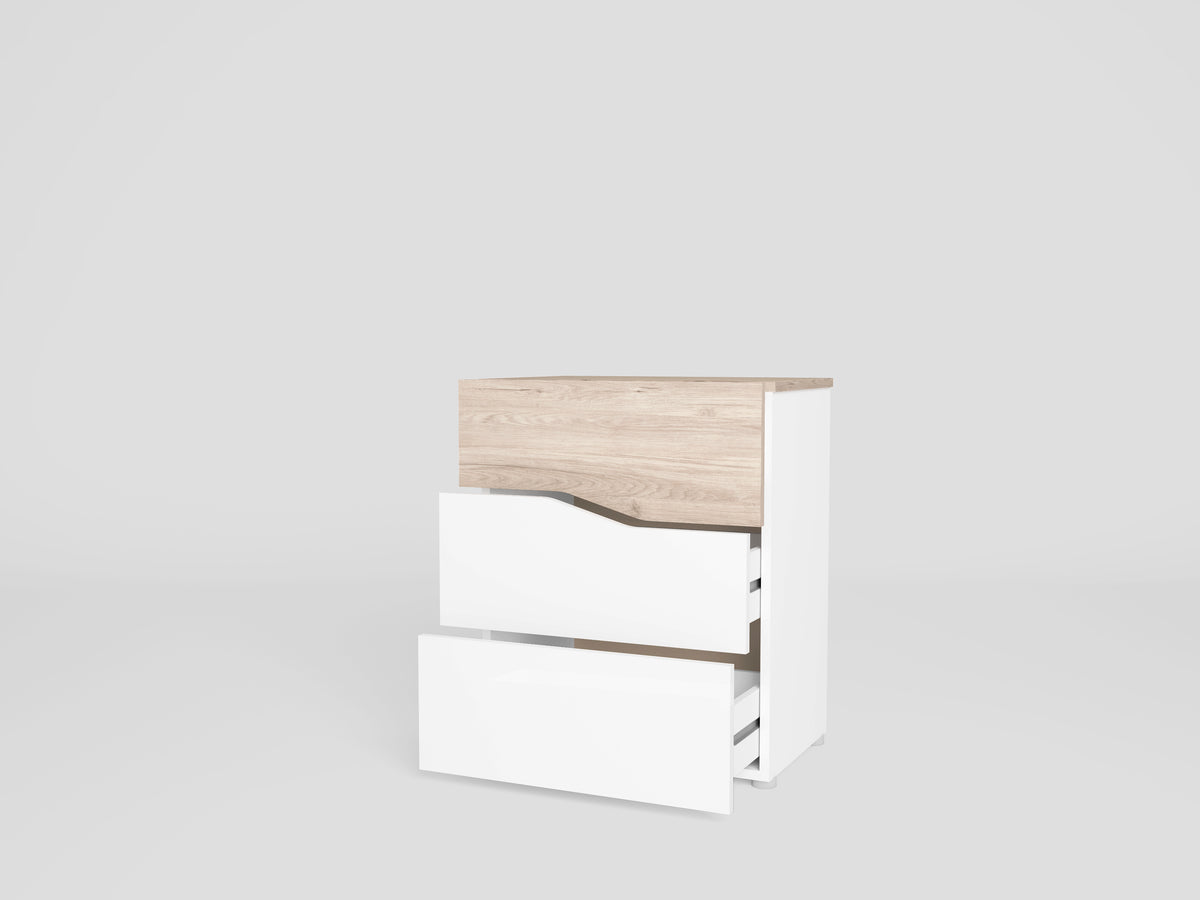 Mesita de noche Cannes 3 cajones 54 cm – Blanco Mate y Sahara