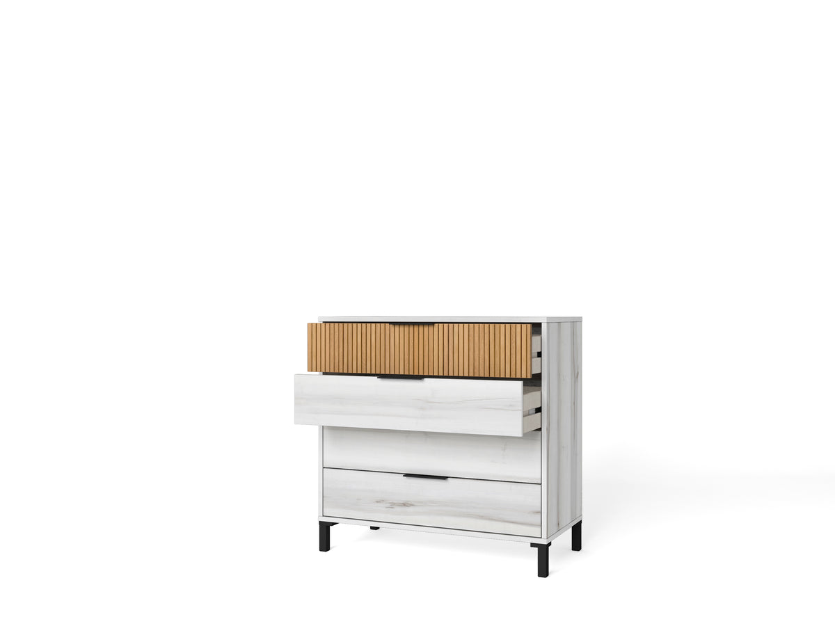 Cómoda Arlés 4 cajones 80 cm – Blanco Mate y Albo Rayado
