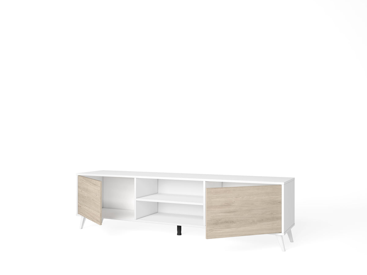 Mueble TV Tito 2 puertas y 2 huecos 180 cm – Blanco Mate y Sahara