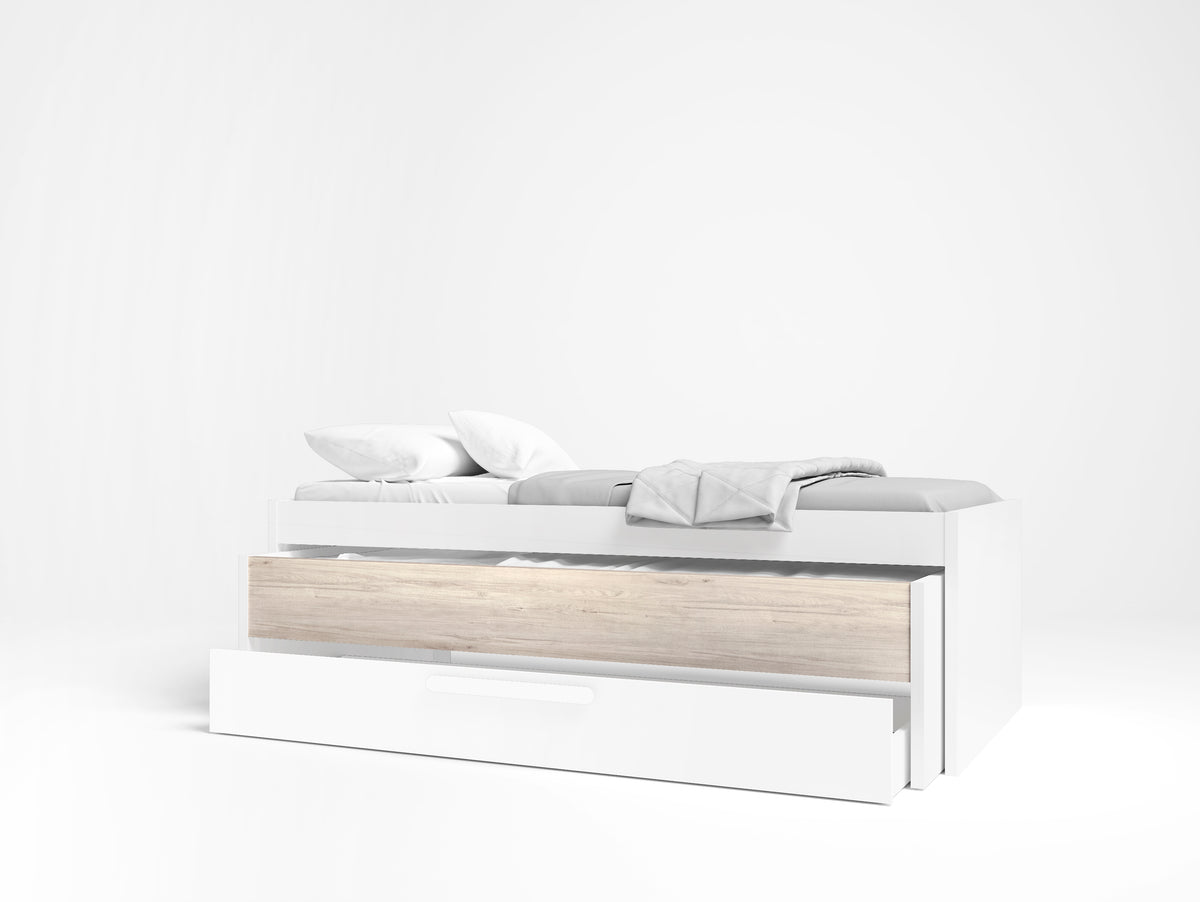 Cama compacta Estelle con cama y cajón 212 cm – Blanco Mate y Sahara