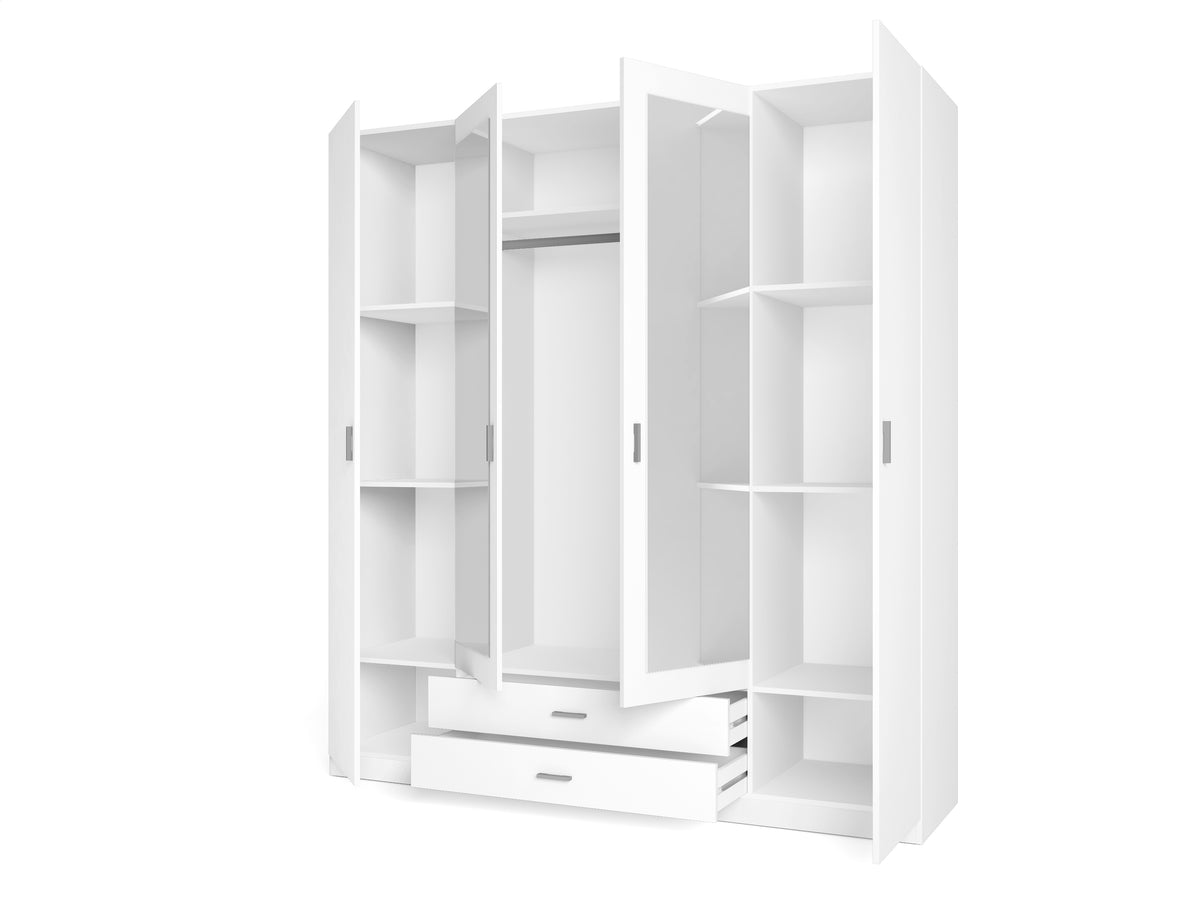 Armario Roma 4 puertas y 2 cajones con espejo 200 cm – Blanco Mate