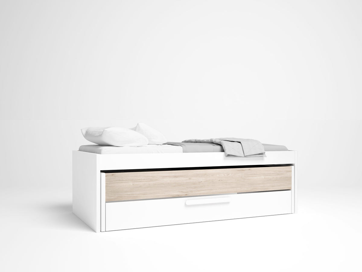 Cama compacta Estelle con cama y cajón 212 cm – Blanco Mate y Sahara